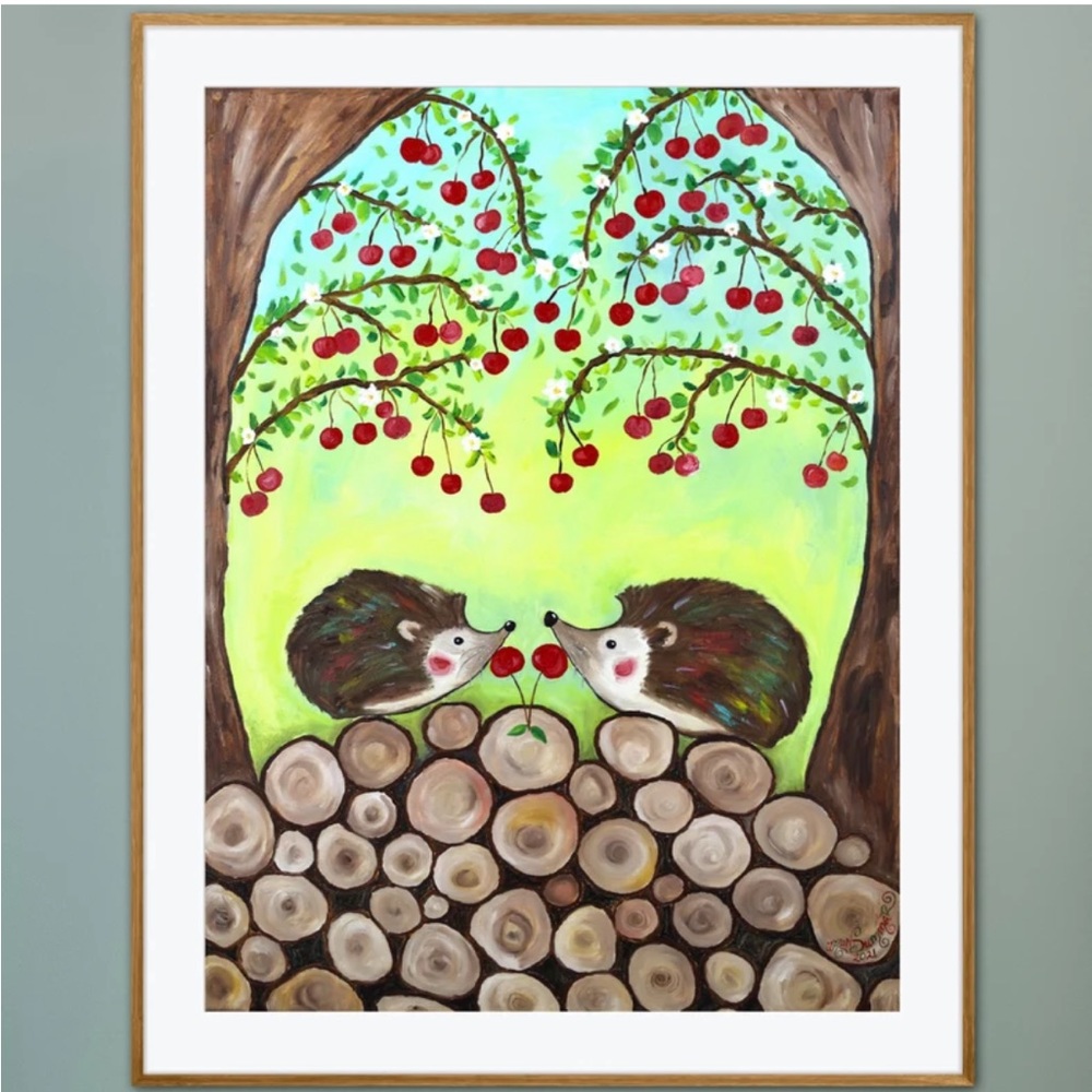 Hedgehog Cherry Delight on Woodpile Art Print Oil Painting Trees Country Decor